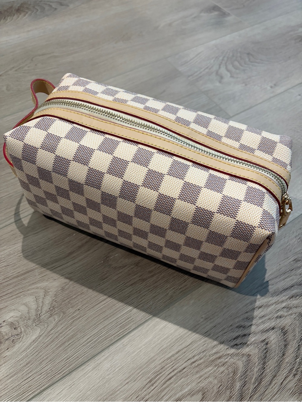 Cream Gray Checkerboard Cosmetic Case Bag - Picture 1 of 8